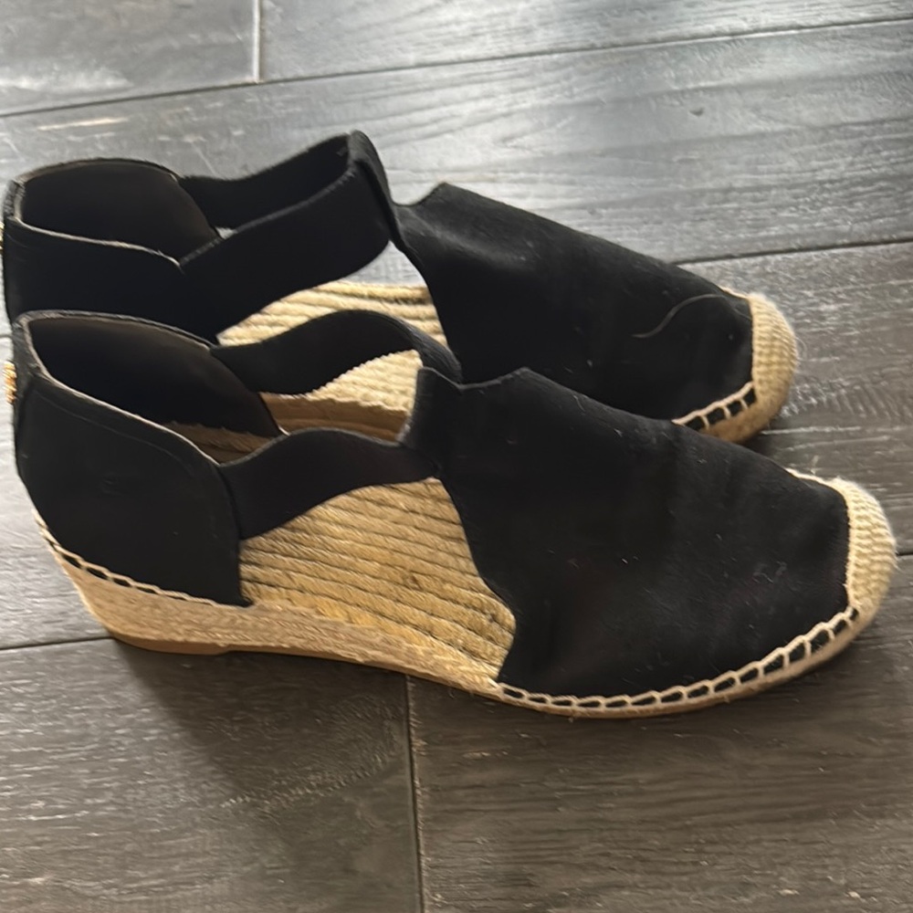Tory Burch Black and Tan Espadrille Sandals